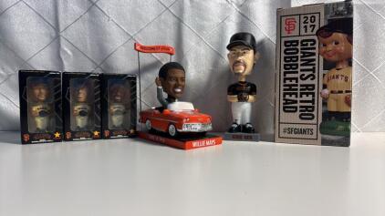 Assortment Of NY GIANTS Boobleheads , Willie Mays In A Car , Alfonzo , Grissom , Santiago & A Retro Booble Head