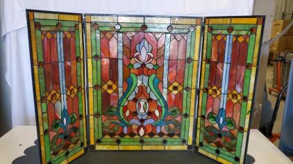 Three-Panel Stained Glass Fireplace Screen in a Victorian style.