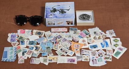 Watch Repair Magnifying Glasses, Bergamot Brassworks Belt Buckle, Sunglasses & Lots of Vintage Stamps