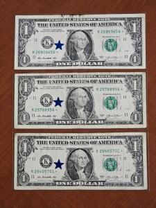 (3) US One Dollar Star Bills