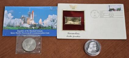 (2) Commemorative Coins & (1) Commemorative Replica Stamp