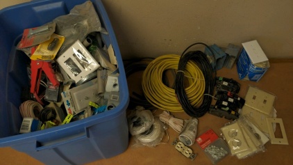 Tote of Electrical Fixtures, Wiring, More
