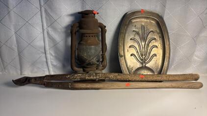 Assorted Antique Items (1) Old Lantern (1) Old Serving Platter (1) Old Pruning Shears