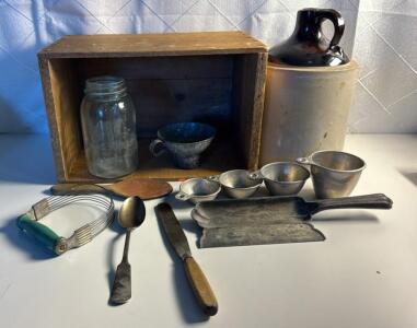 Assorted Antique Items (1) Sipping Jug , Old Atlas Mason Jar , Old Wooden Crate & more