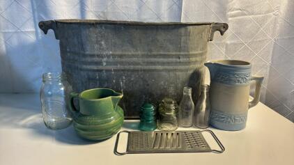 Assorted Antique/ Vintage Iteams (1) Metal Tub (1) Golden Harvest Mason Jar (2) Ceramic Pitchers & More