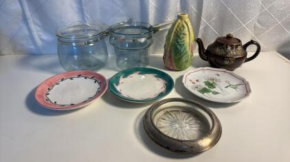 Assorted Items (1) Japanese Tea Lot (1) Toscany Lotus Plate (1) Vintage Frank M. Whiting Sterling Silver Wine Salver w/ etched glass center (MM) (2) The Rose Collection Hand Painted Plates (2) Pyrex Pots 1 Lid & more