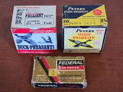 (1) Full Box of Winchester Duck & Pheasant 20 Gauge , (1) Full Box of Peters High Velocity 20 Gauge , (1) Full Box of Federal Hi-Power 12 Gauge