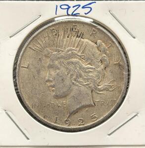 1925 U.S. Peace Dollar, 90% Silver, Lady Liberty & Bald Eagle Design