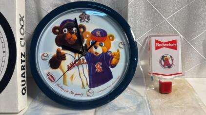 New In Box 1995 Anaheim Angels 35th Anniversary Clock , Early Budweiser Angels Beer Tap Handle W/ Original Bag