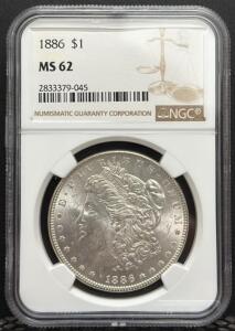 1886 Morgan Silver Dollar, MS 62, NGC Graded, Serial: 2833379-045