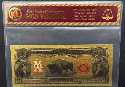 Gold-Plated $10 Replica Banknote, 24k, Serial 99999999, COA 2016