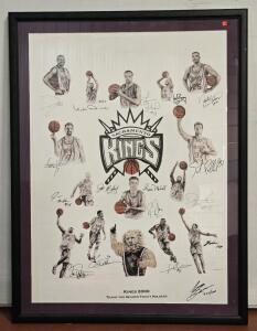 Framed NBA 2000 Sacramento Kings Singed Team Poster (Also Signed by Artist) - 28⅝" x 37&frac12;"