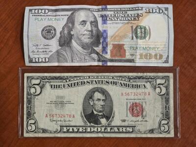 1963 Red Seal $5 Bill & $100 Bill (FAKE Play Money)