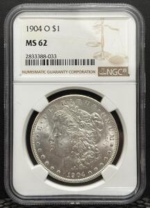 1904 O Morgan Silver Dollar, MS 62, $1 Coin, NGC Certified