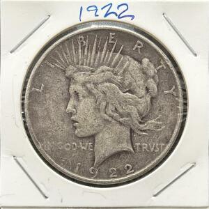 1922 Peace Dollar Coin, USA, Silver, No Mint Mark, Liberty Head, Eagle Reverse