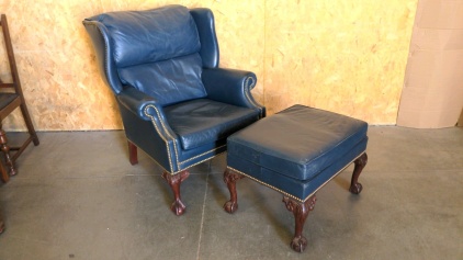Blue Leather Wingback Chair & Ottoman