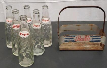 Vintage Pepsi-Cola Six-Pack Carrier With Vintage Pepsi Bottles