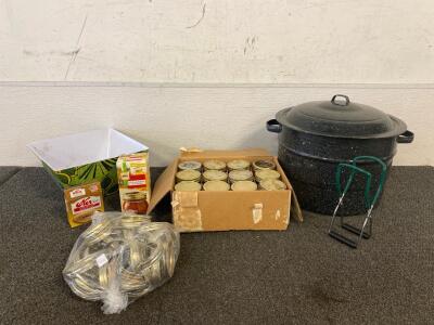 Vintage Enamelware Water Bath Canner, A Dozen Half Pint Kerr Mason Jars, Jar Grabbers, Lids, Rings And More