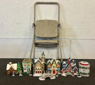 (1) Christmas Village With (5) Buildings And (1) Ladder