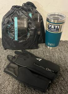(2) Pairs Of Ice Traction Cleats, Cold Weather Fishing Gloves & 20 Oz Yeti Tumbler