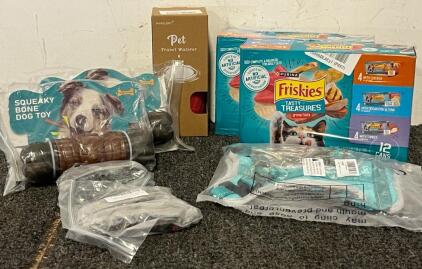 Pet Goods &mdash; (2) 12 Pcs Friskies Wet Cat Food, Dog Water Bottle, Squeaky Bone Dog Toys, Harness & Collars