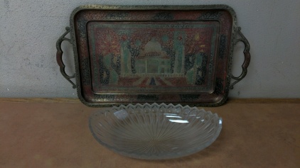 Brass Taj Mahal Serving Tray & Crystal Bowl