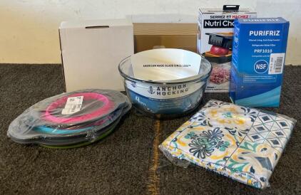 Kitchenware & Home Goods &mdash; Anchor Hocking 4 Qt Bowl, Nutri Chopper, Refrigerator Water Filter, Colanders, Shower Head, Queen Down Pillows & More