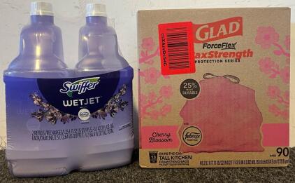 Glad ForceFlex Max Strength Cherry Blossom Scented Trash Bags & Swiffer Wet Jet Multi-Purpose Floor Cleaner Refills