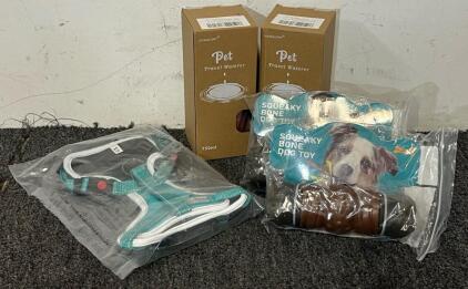 Dog Goods &mdash; (2) Stainless Steel Dog Water Bottles, Dog Harness & (2) Squeaky Bone Dog Toys