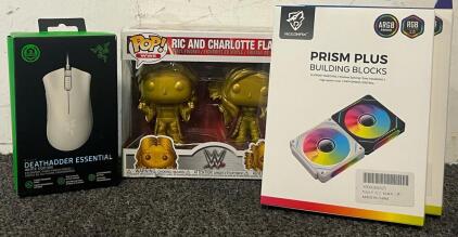 (2) NEEDMAX Prism Plus Building Blocks ARGB Computer Cooling Fans (White), Razer Gaming Mouse & Funko Pop Rick & Charlotte Flair Figures