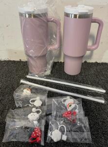 (2) Purple 40 Oz Tumblers W/ Straw Lids & Straw Accessories