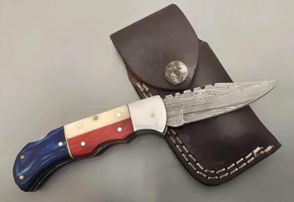 Damascus Steel Custom Pocket Knife, Red/White/Blue Handle, With Leather Sheath *New*