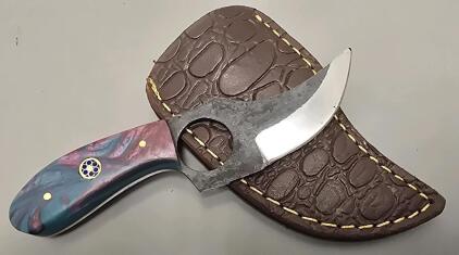 Carbon Steel Custom Skinning Knife With Finger Hold, Leather Sheath Included