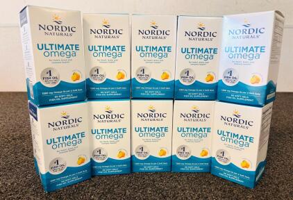 (10) Bottles Of Nordic Naturals Ultimate Omega Fish Oil Supplements (1280 mg Omega-3s Per 2 Soft Gels)