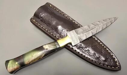 Damascus Steel Custom Boot Knife W/ Leather Sheath *New*