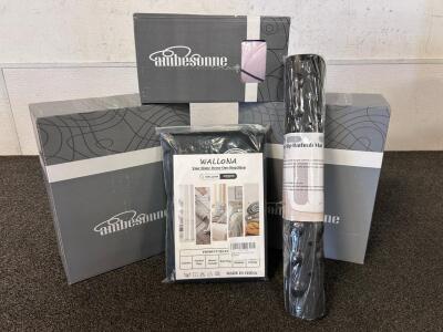 Ambesonne Fiber Fitted Sheet Size Queen, Mermain Fitted Sheet Size Twin, Wallona Blackout Curtain, and Non Slip Bathtub Mat