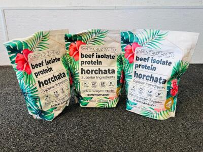 (3) Bags Of Santa Cruz Paleo Beef Isolate Protein Horchata Diatary Supplement