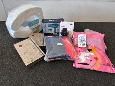 (3) Kids Hoodie Bathrobes, ConAir Cord Keeper Hair Dryer, Toilet Seat Cushion, Blanket, (2) Zwilling Lids "My First Knife" and Mini Waffle Maker