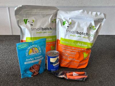 (2) Bags Of Freezedried Chicken Recipe Dog Treats, Jerky Treats, Can Of Blue Homestyle Chicken Wet Dog Food, and Pair Of Dog Nail Clippers