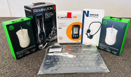 Remington Beard Trimmer, CareSens Blood Glucose Monitoring System, Neck Bracket For Phone, Keyboard Cover For IPad Air, and (2) Razer Deathadder Essential Wired Gaming Mouse (White)
