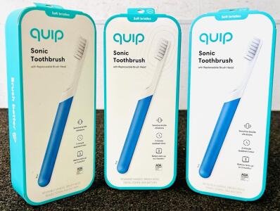 (3) New Quip Sonic Brushes With Replaceable Brush Head (Blue)