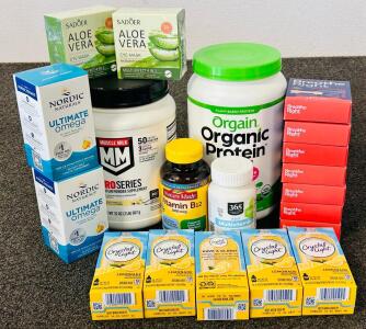 Pro Series Muscle Milk, Organic Protien Powder, Eye Masks, Vitamins, Breathe Right Nasal Strips, Fish Oil Supplements and Crystal Light Lemonade Packs
