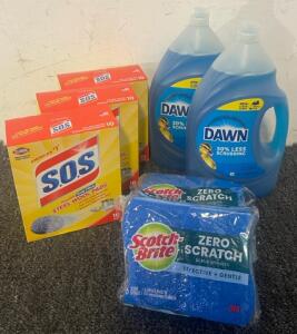 Cleaning Supplies Including Dawn Dish Soap Refills, Steel Wool Pads & Scotch Brite Scrubbies