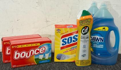 Cleaning Supplies Including Dawn Dish Soap Refills, Bounce Dryer Sheets, Steel Wool Pads & Scrub Daddy All Purpose Cleaner