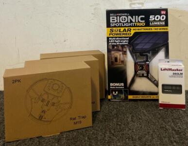 Bell + Howell Spotlight Trio, Liftmaster Garage Remote & 6Pcs Rat Traps