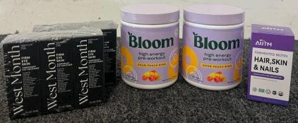 Bloom High Energy Preworkout, Biotin For Hair, Skin & Nail Growth & West Month Eye Firmer / Tightener