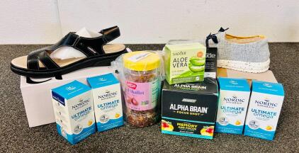 Pair Of Hey Dudes Size 9, Central Point Arch Support Sandles Size 11, Aloe Vera Eye Mask, Fish Oil Supplements, Alpha Brain Focus Shots, and Fried Shallot