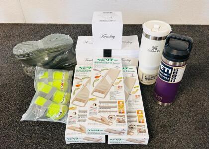 Stanley Flip Straw Tumbler, Yeti Rambler 18 Oz Bottle, (3) Ceramic Candles, (3) Vegetable Slicers, Dog Shoes and Pair Of Green Shoes For Boys