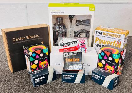 Barware Set, Caster Wheels, Batteries, (2) Ceramic Candles, Wasp Trap, Pyo Cat Lamps, and Timken Roller Bearings