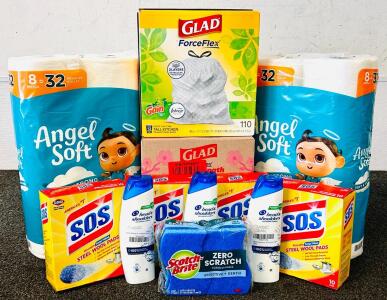 (2) Packs Of Angel Soft Bathroom Tissue, (2) Boxes Of Forceflex Trashbags, Head and Shoulders, Scrub Sponges, and Steel Wool Pads